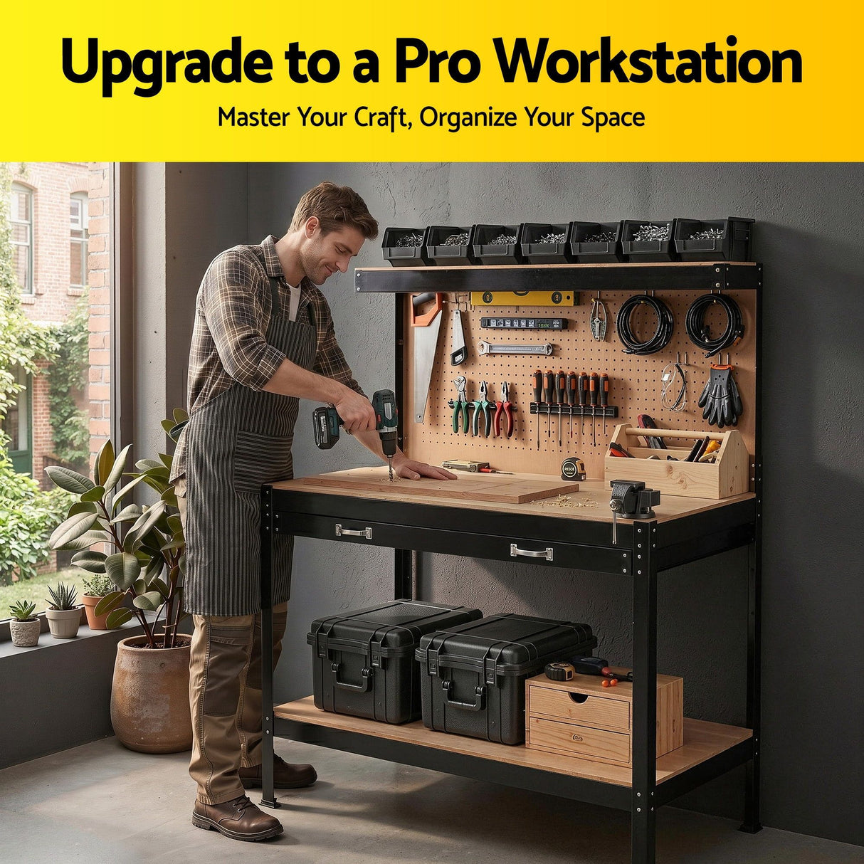 Steel garage workbench with pegboard and tool hooks in black