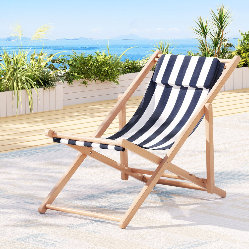 Gilston blue stripe timber sun lounge in an outdoor setting