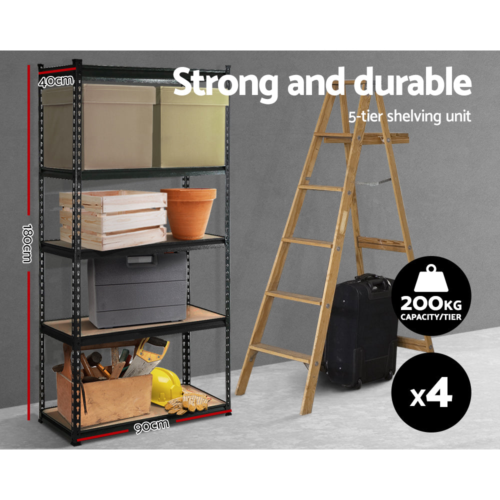 Garage Shelving Rack 4 Pack 5 Tier 90 x 40 x 180cm Black