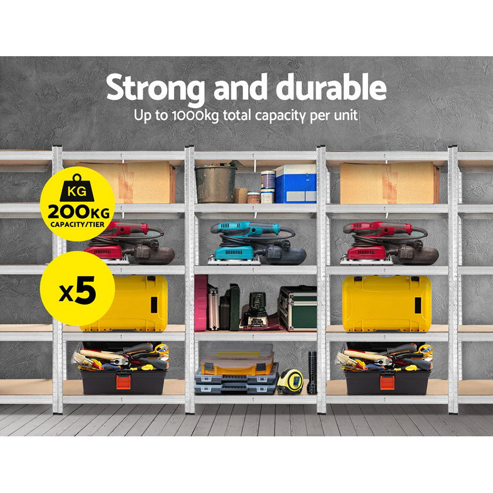 5 Pack 5 Tier Galvanised Steel Storage Shelving Rack 90 x 40 x 180cm Silver - view 3