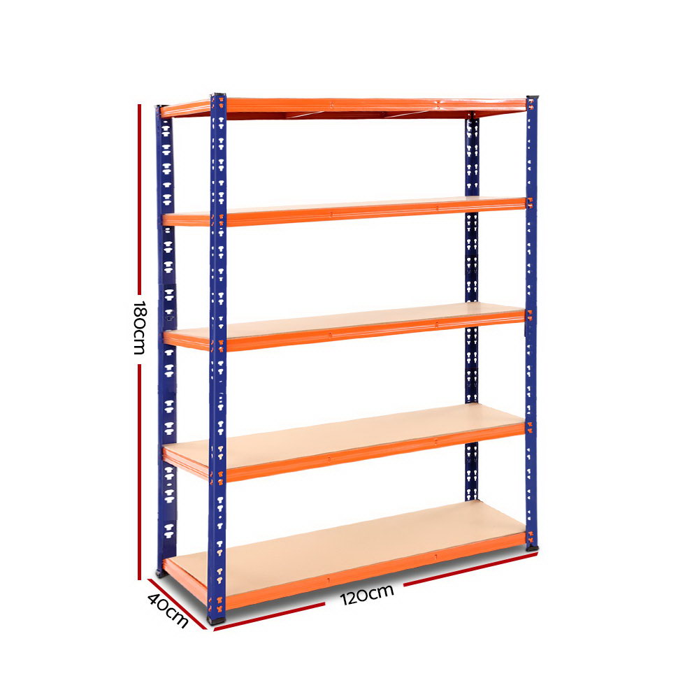 5 tier steel garage shelving rack in orange and blue