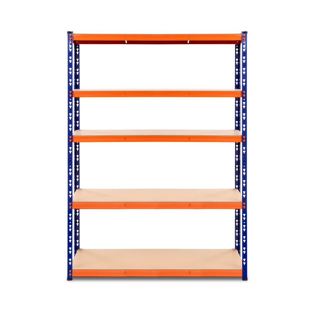 5 tier steel garage shelving rack in orange and blue