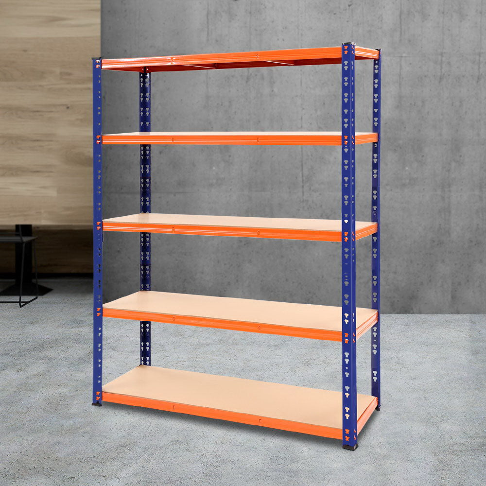 5 tier steel garage shelving rack in orange and blue