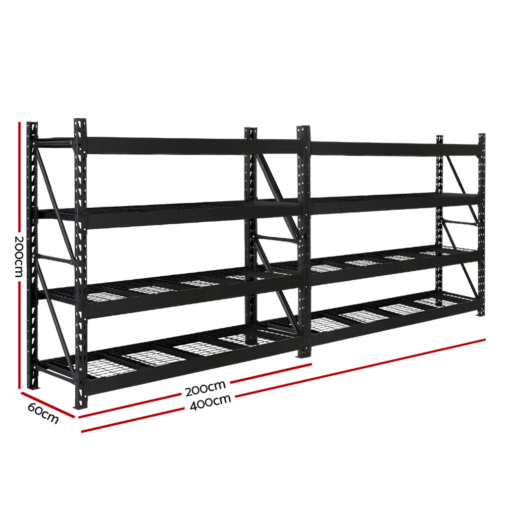 Garage Shelving Warehouse Rack, 2 Pack 4 Tier 2m Steel Black