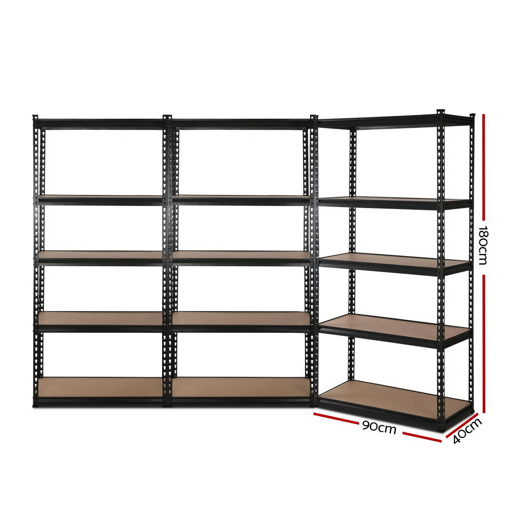 3 Pack 5 Tier Steel Storage Shelving Rack 90 x 40 x 180cm Black - view 2
