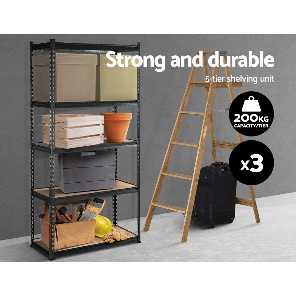 3 Pack 5 Tier Steel Storage Shelving Rack 90 x 40 x 180cm Charcoal - view 3