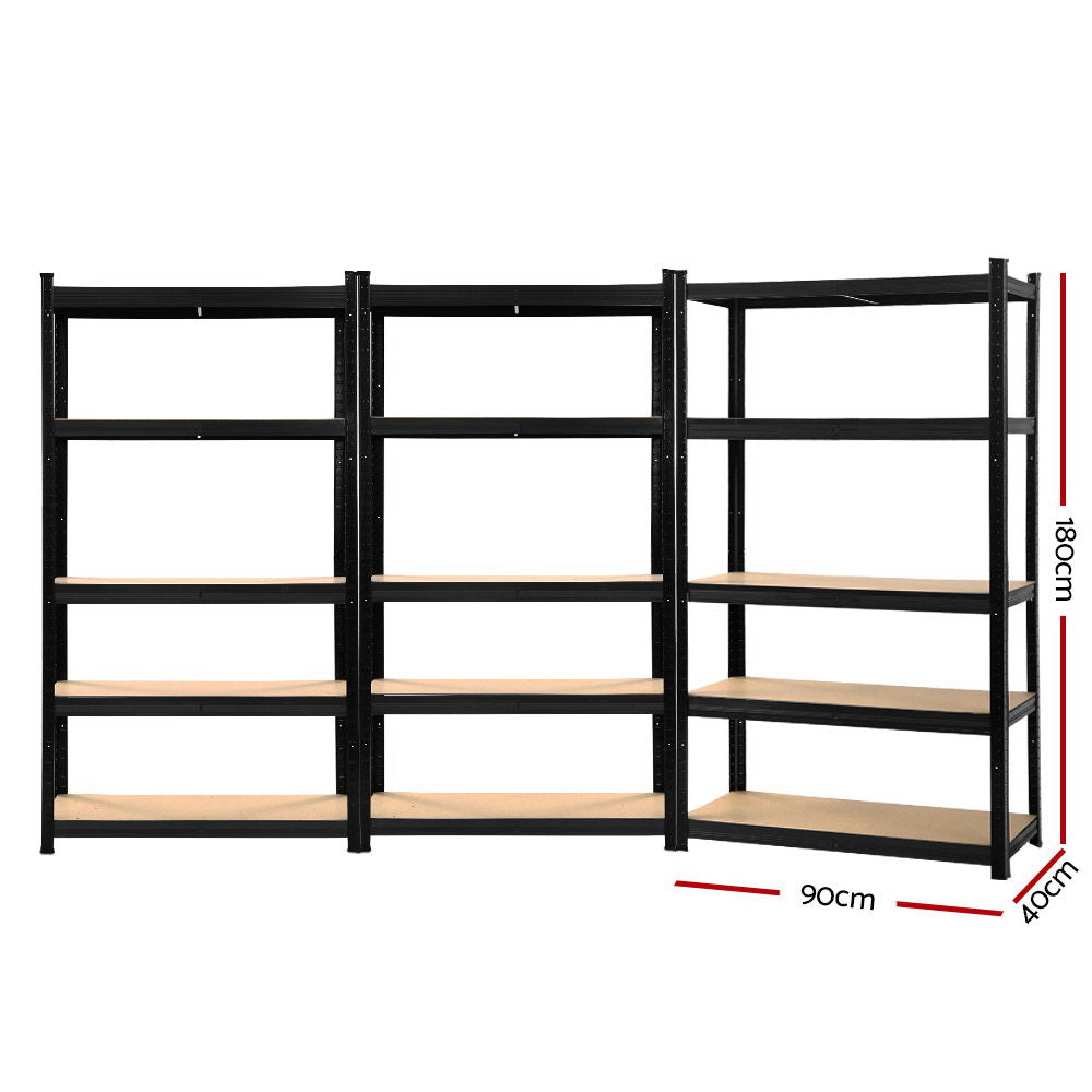 5 Tier Steel Storage Shelving Rack 3 Pack 90cm x 40cm x 180cm Black