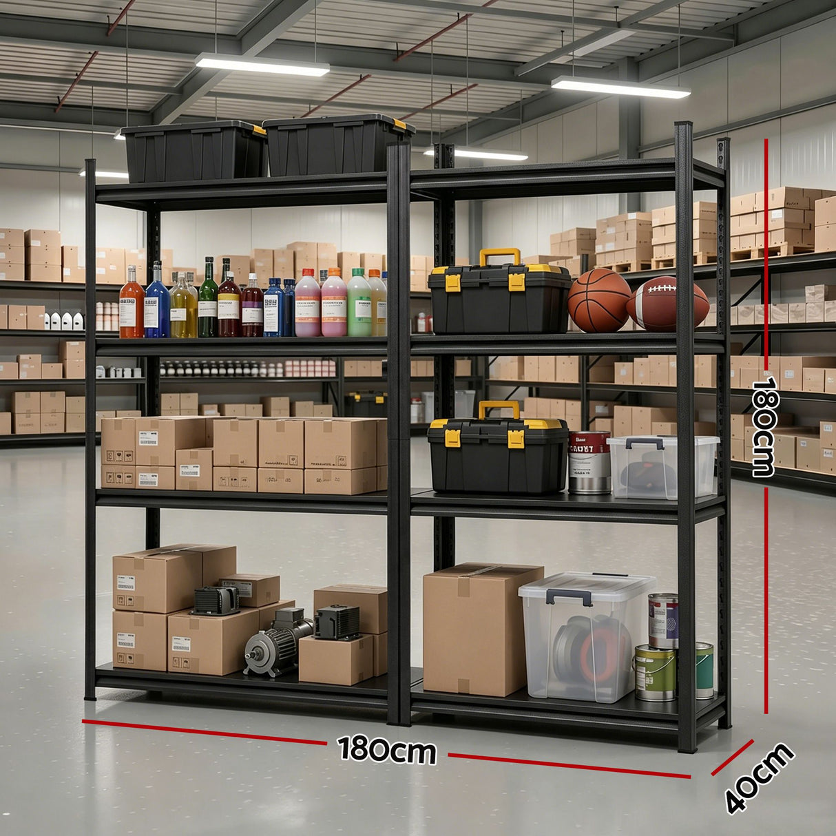 2 Pack 4 Tier Steel Garage Shelving Rack 1.8m Black