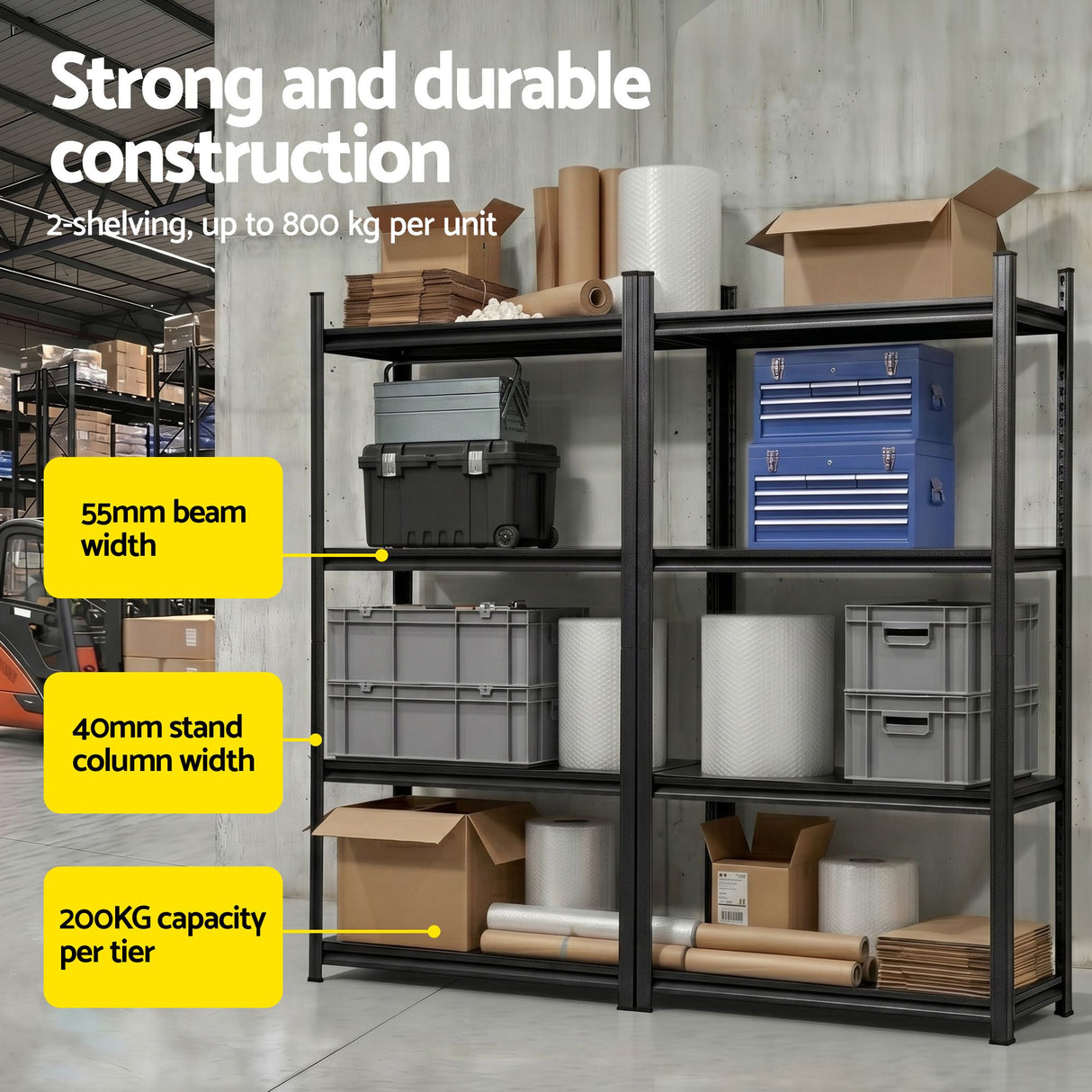 2 Pack 4 Tier Steel Garage Shelving Rack 1.8m Black