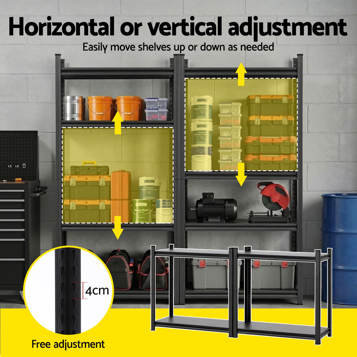 2 Pack 4 Tier Steel Garage Shelving Rack 1.8m Black