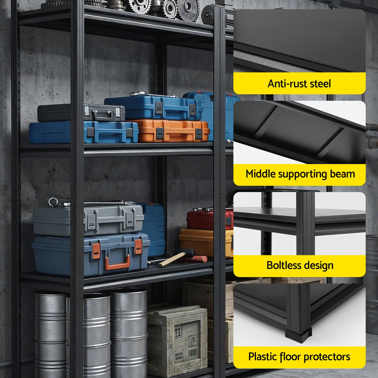 2 Pack 4 Tier Steel Garage Shelving Rack 1.8m Black