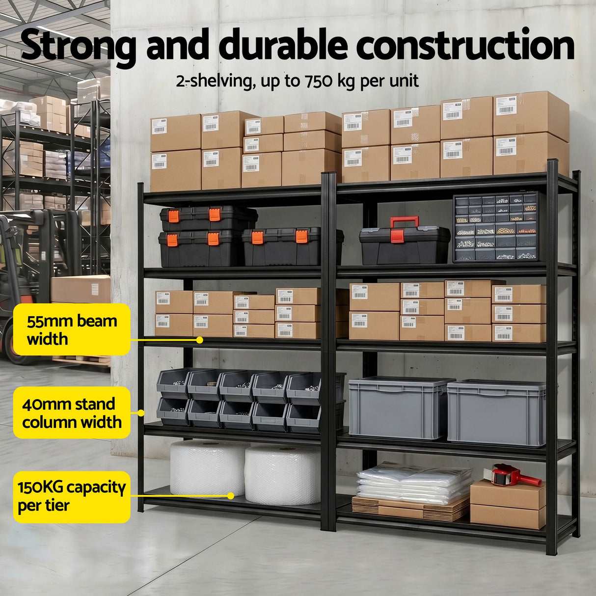 Garage Shelving Warehouse Rack, 2.4m x 1.8m 5 Tier Steel Black