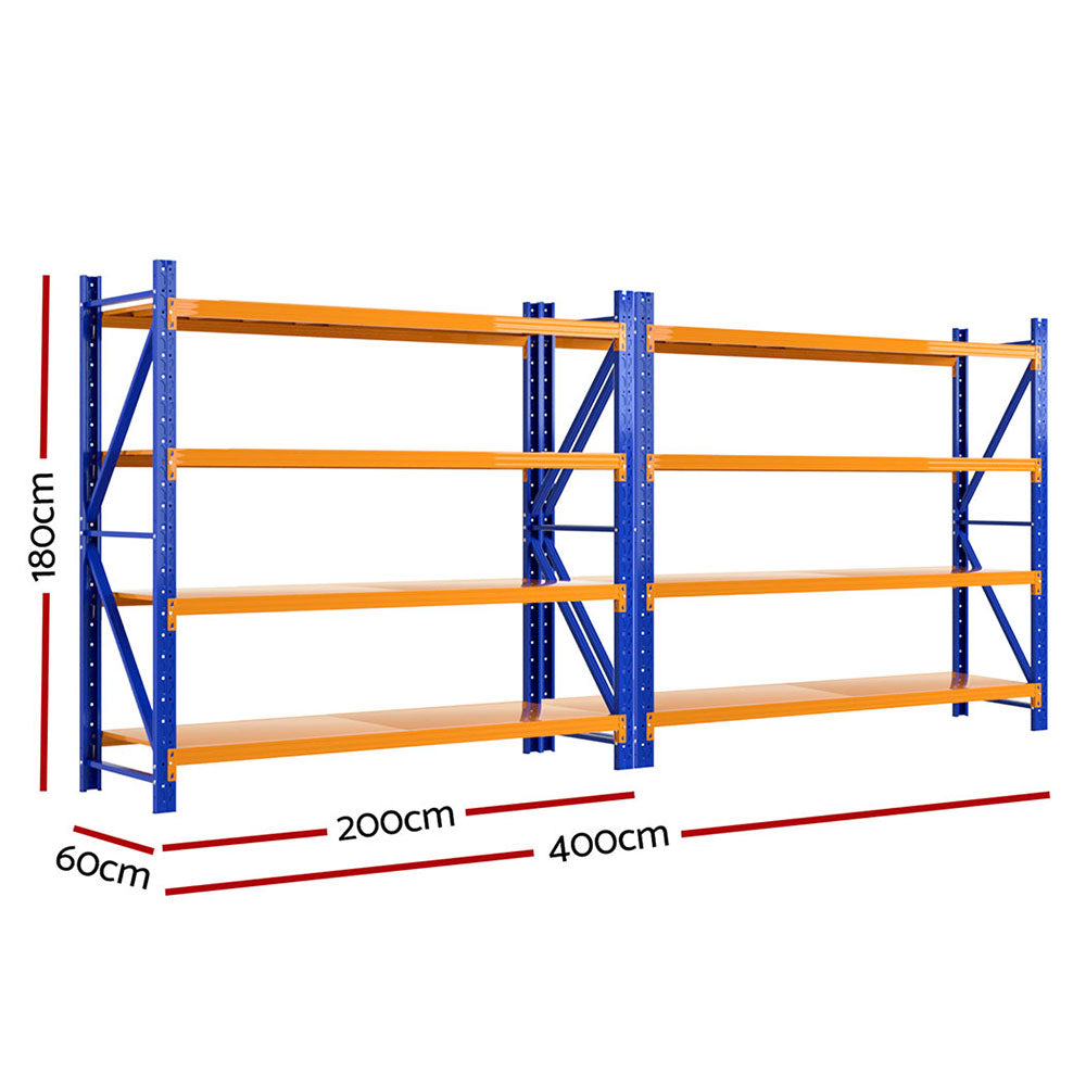 Garage Shelving Rack 2 Pack 4 Tier 4M x 0.6M x 1.8M Orange and Blue