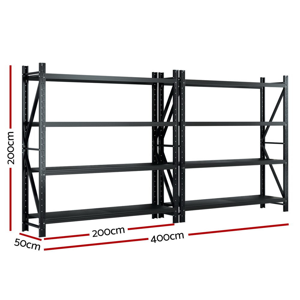 Garage Shelving Rack 2 Pack 4 Tier 4M x 0.5M x 2M Black