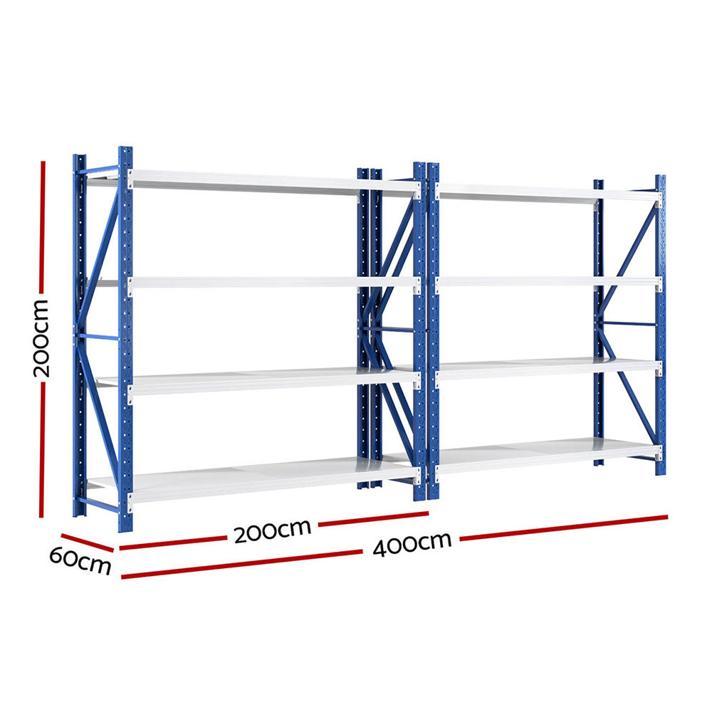 Garage Shelving Rack 2 Pack 4 Tier 4M x 0.6M x 2M Blue and Grey