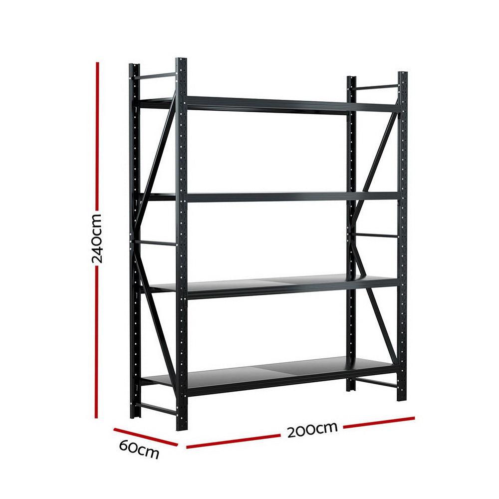 Warehouse Shelving Rack 4 Tier 200kg 2.4M x 2M 600mm Deep Black