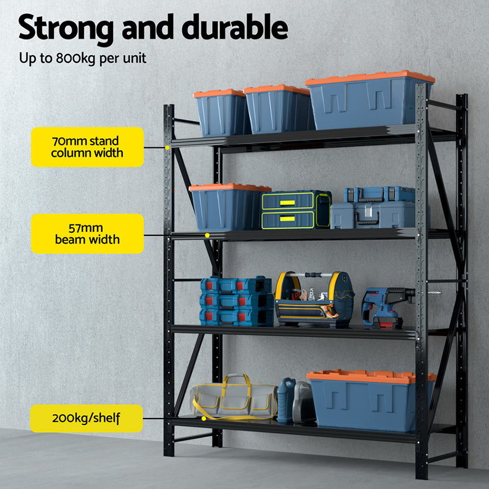 Warehouse Shelving Rack 4 Tier 200kg 2.4M x 2M 600mm Deep Black
