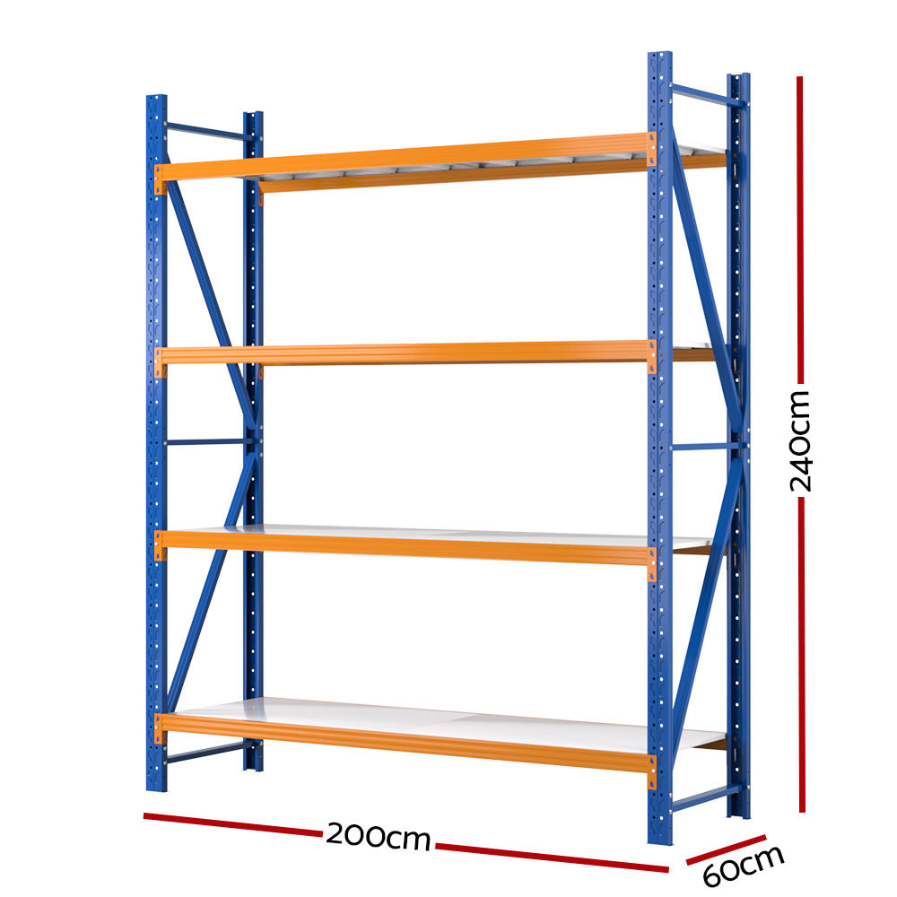 Warehouse Shelving Rack 4 Tier 200kg 2.4M x 2M 600mm Deep Orange and Blue