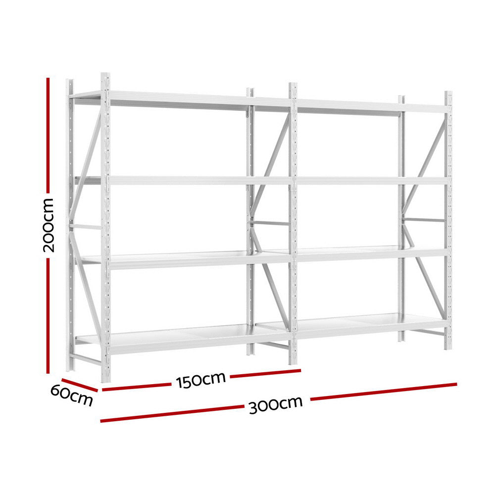 Steel Garage Shelving Rack 4 Tier 3M x 0.6M x 2M White