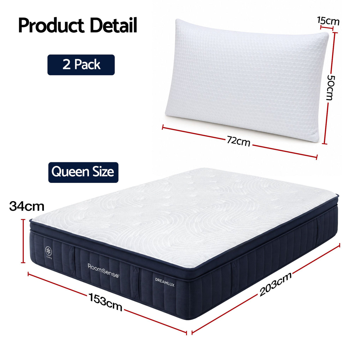 Medium soft 5 zone gel hybrid mattress with cooling pillows, 34cm queen