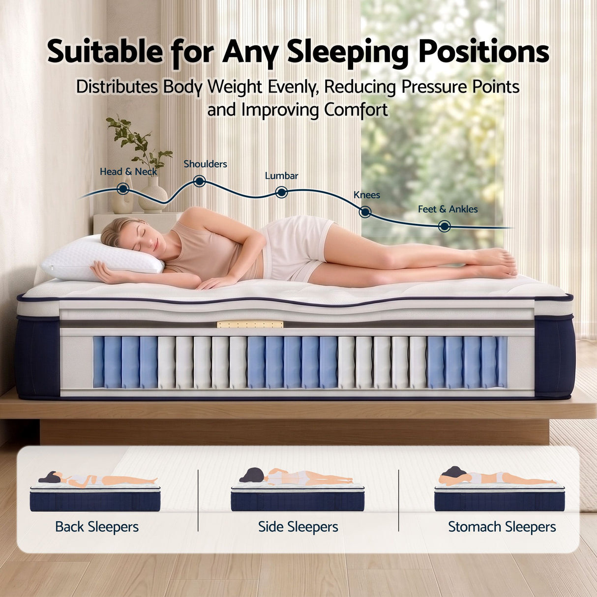 Medium firm hybrid pocket spring mattress with cooling pillows, 30cm queen