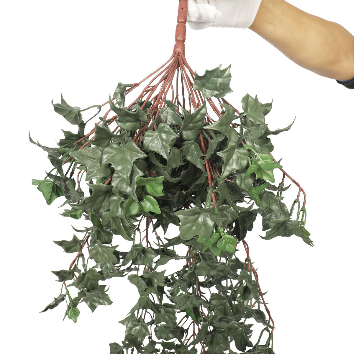 Artificial hanging ivy bush styled in basket for indoor and outdoor display — Allure Home Collections