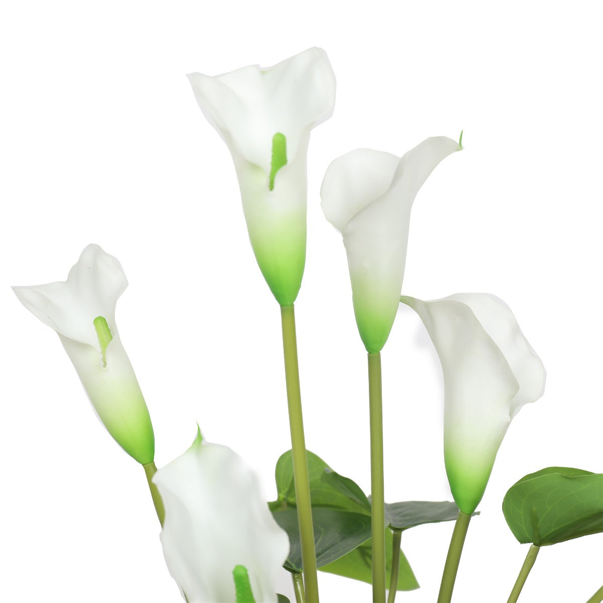 White artificial calla lily close-up showing lifelike bloom and leaf detail — Allure Home Collections