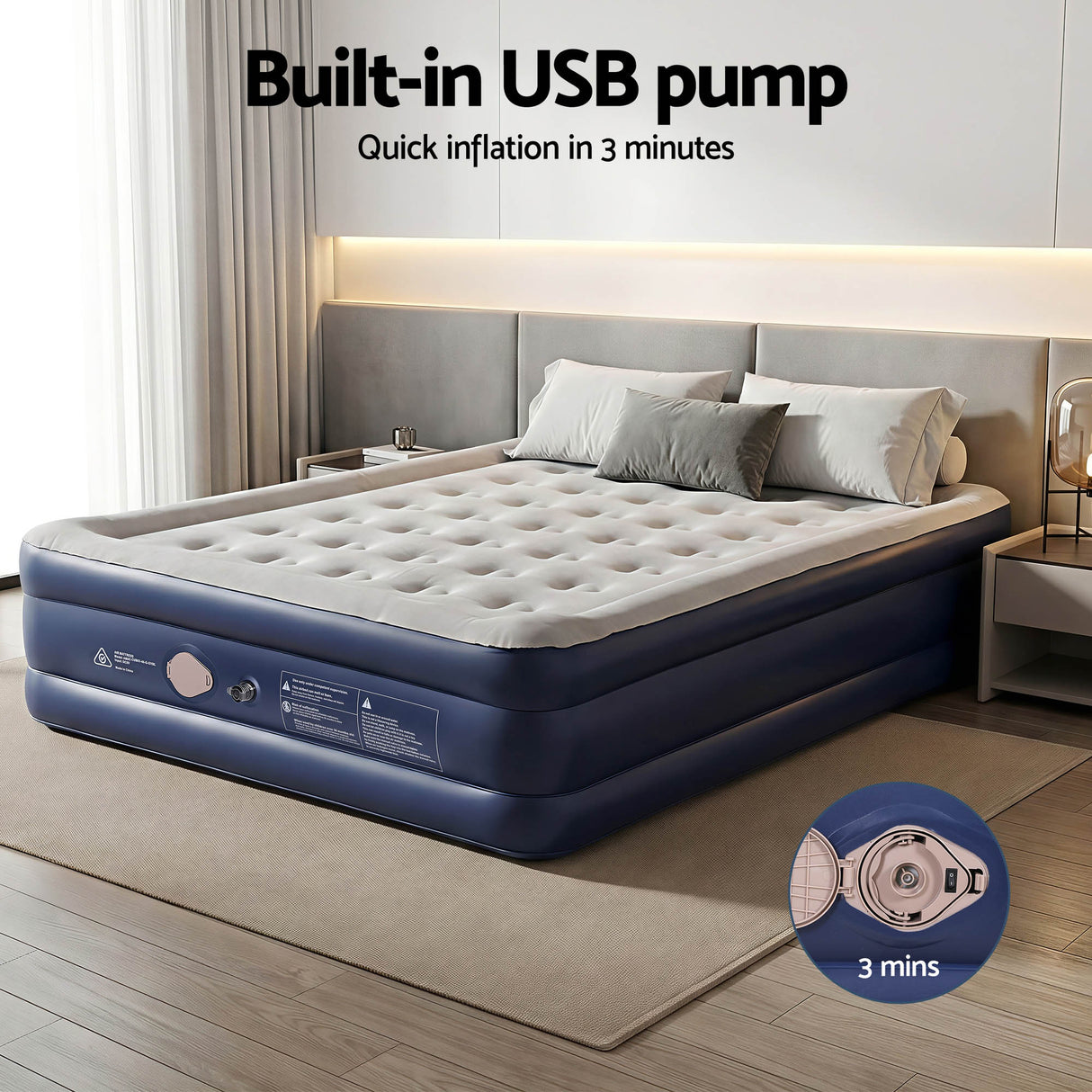 Minnewanka Queen Air Mattress, USB Pump Raised 46cm