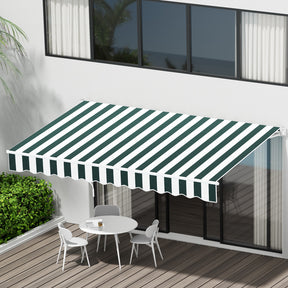 Dubrovnik manual folding arm awning green and white 3.0m x 2.5m patio shade extended over outdoor setting