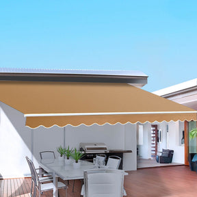 Dubrovnik manual folding arm awning beige 4.0m x 3.0m patio shade extended over outdoor setting