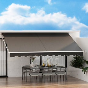 Dubrovnik manual folding arm awning grey 4.5m x 2.5m patio shade extended over outdoor setting