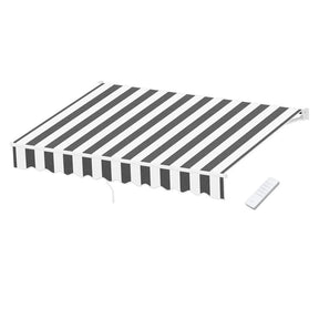 Split motorised folding arm awning grey and white 2.5m x 2.0m remote controlled patio shade extended