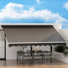 Split motorised folding arm awning grey 4.5m x 3.0m remote controlled patio shade extended