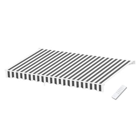 Split motorised folding arm awning grey and white 5.0m x 3.0m remote controlled patio shade extended