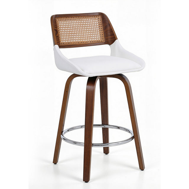 McCrae white PU and rattan swivel bar stool 2pcs set with plywood legs in a modern kitchen