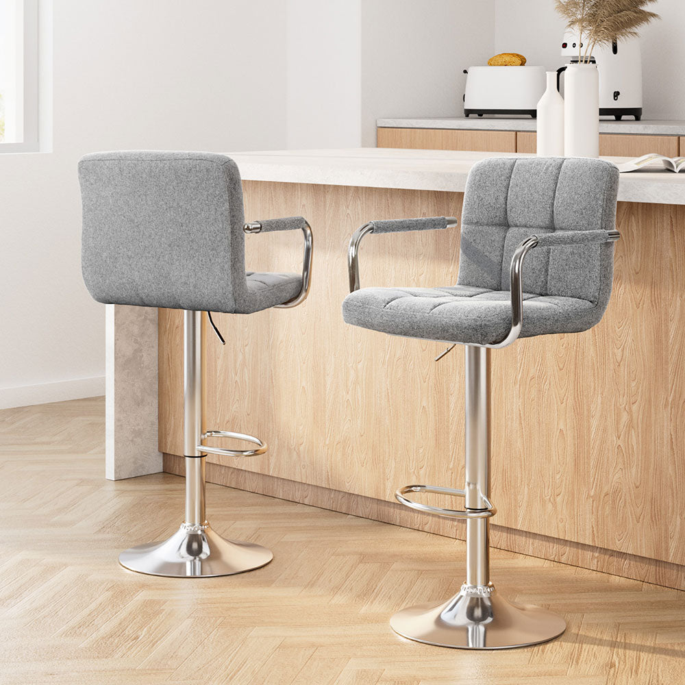 Artiss Noa grey fabric gas lift bar stools with armrests set of 2 — Allure Home Collections