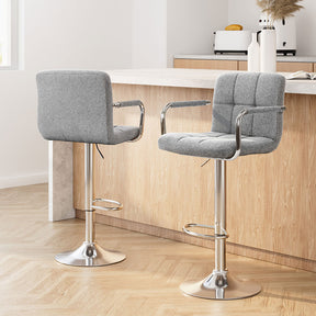 Junction Village grey fabric gas lift bar stools pair with armrests