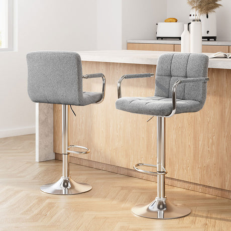 Artiss Noa grey fabric gas lift bar stools with armrests set of 2 — Allure Home Collections