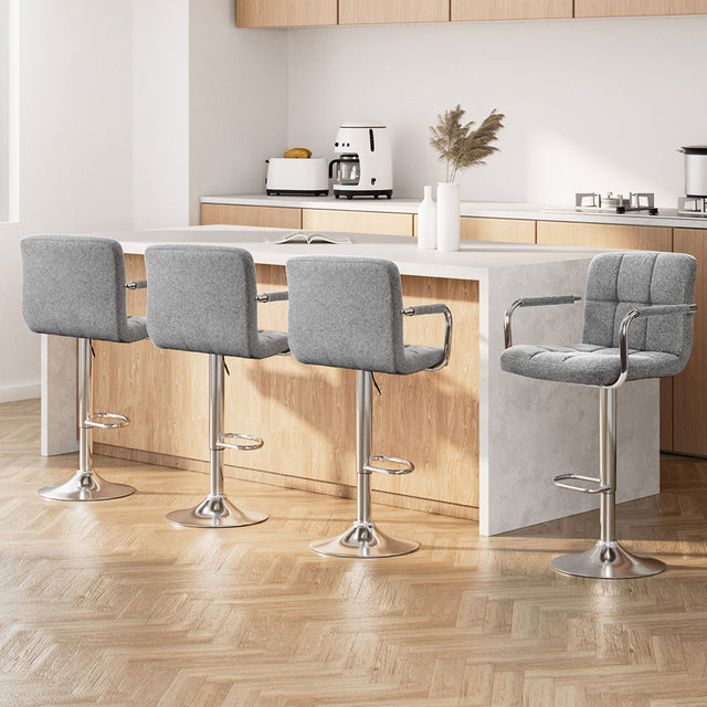 Artiss Noa grey faux linen gas lift bar stools with armrests set of 4 — Allure Home Collections