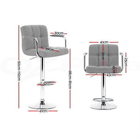 Artiss Noa bar stool grey faux linen seat and armrest detail — Allure Home Collections