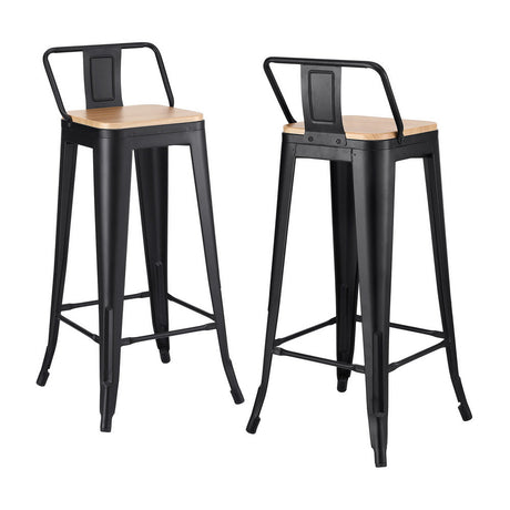 Cannons Creek black stackable industrial bar stool with pine seat in a kitchen