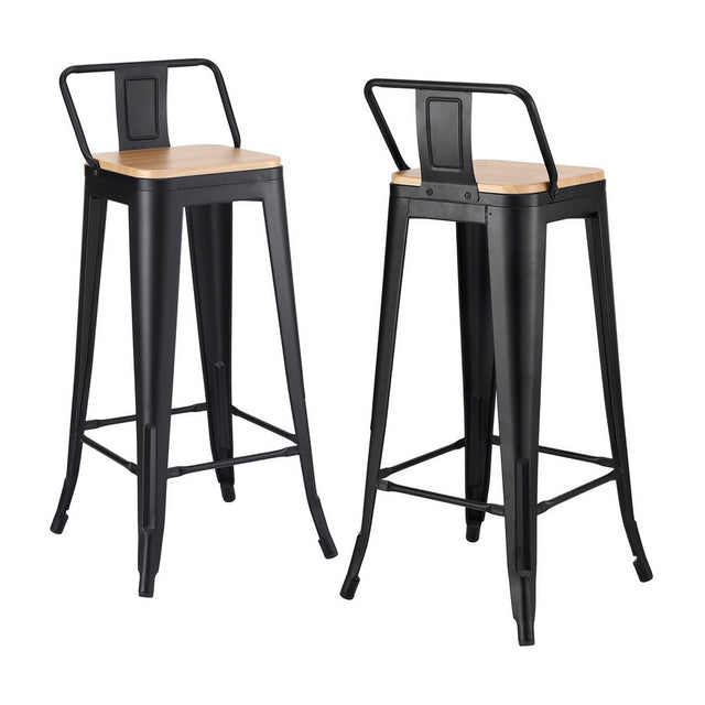 Cannons Creek black stackable industrial bar stool with pine seat in a kitchen