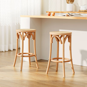 Mordialloc natural beechwood and rattan bar stools pair at a kitchen counter