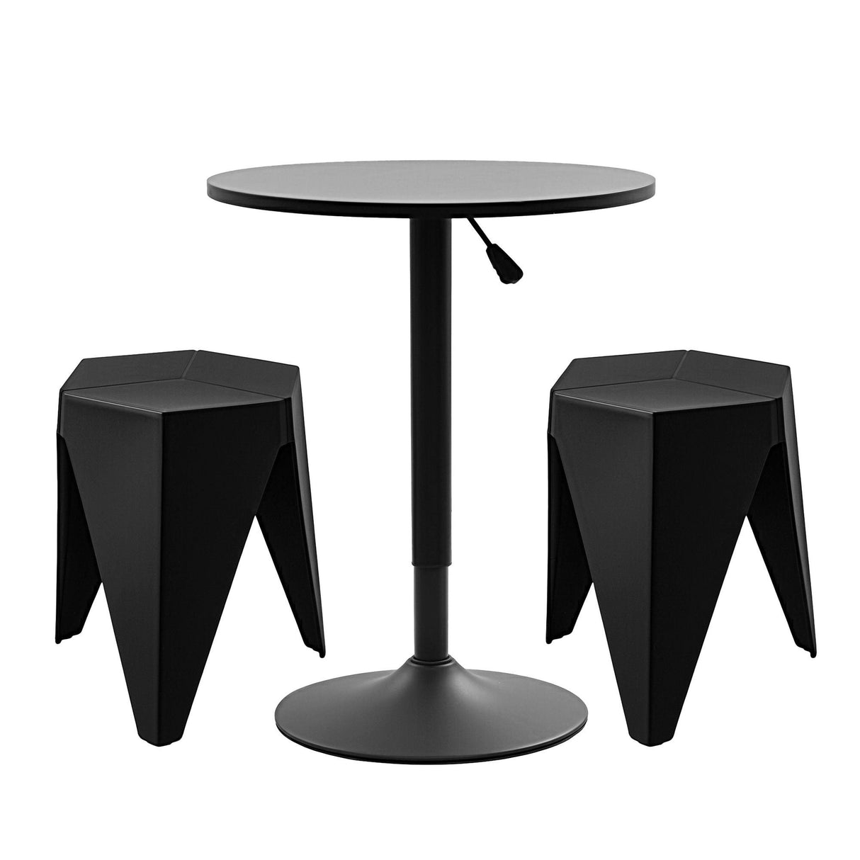 Hastings black three piece bar set with gas lift swivel table and two stackable stools