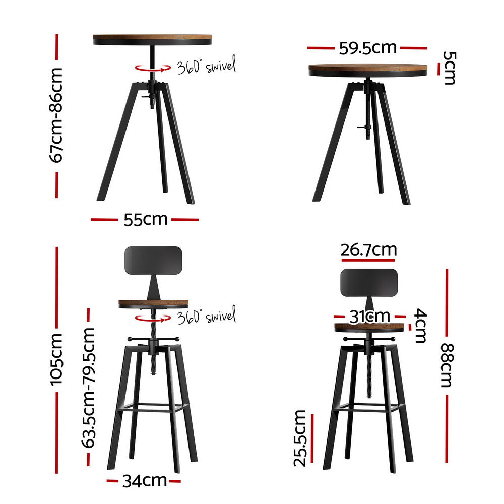 Artiss industrial bar table set showing elm wood top and metal frame — Allure Home Collections