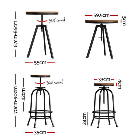Artiss industrial bar set elm wood table top and reinforced frame detail — Allure Home Collections