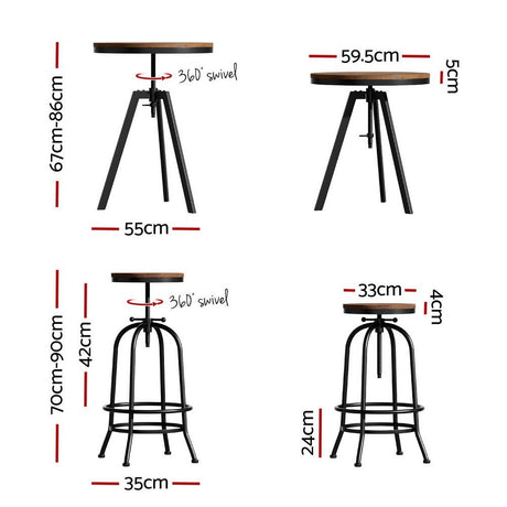 Dalyston industrial 3 piece bar set with elm table and two swivel stools