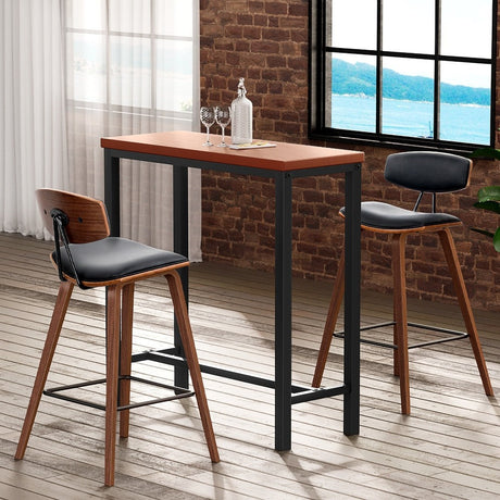 Mount Eliza three piece bar set with industrial table and two faux leather stools in a kitchen