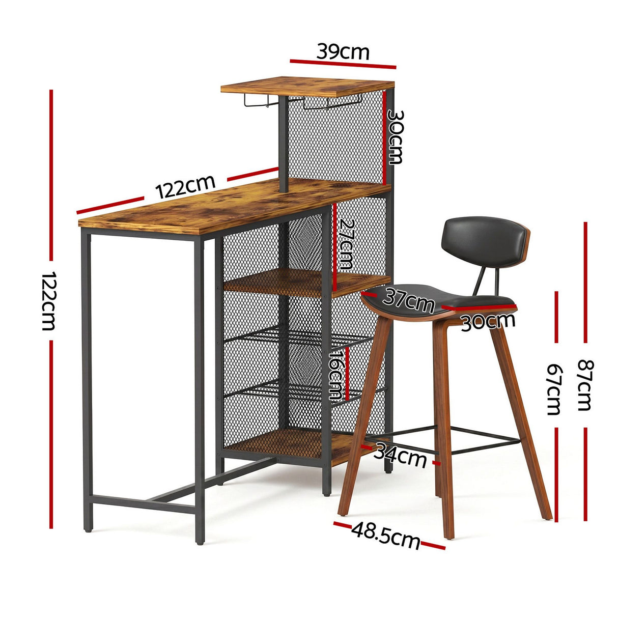 Fishermans Beach industrial bar table with wine rack and two padded stools