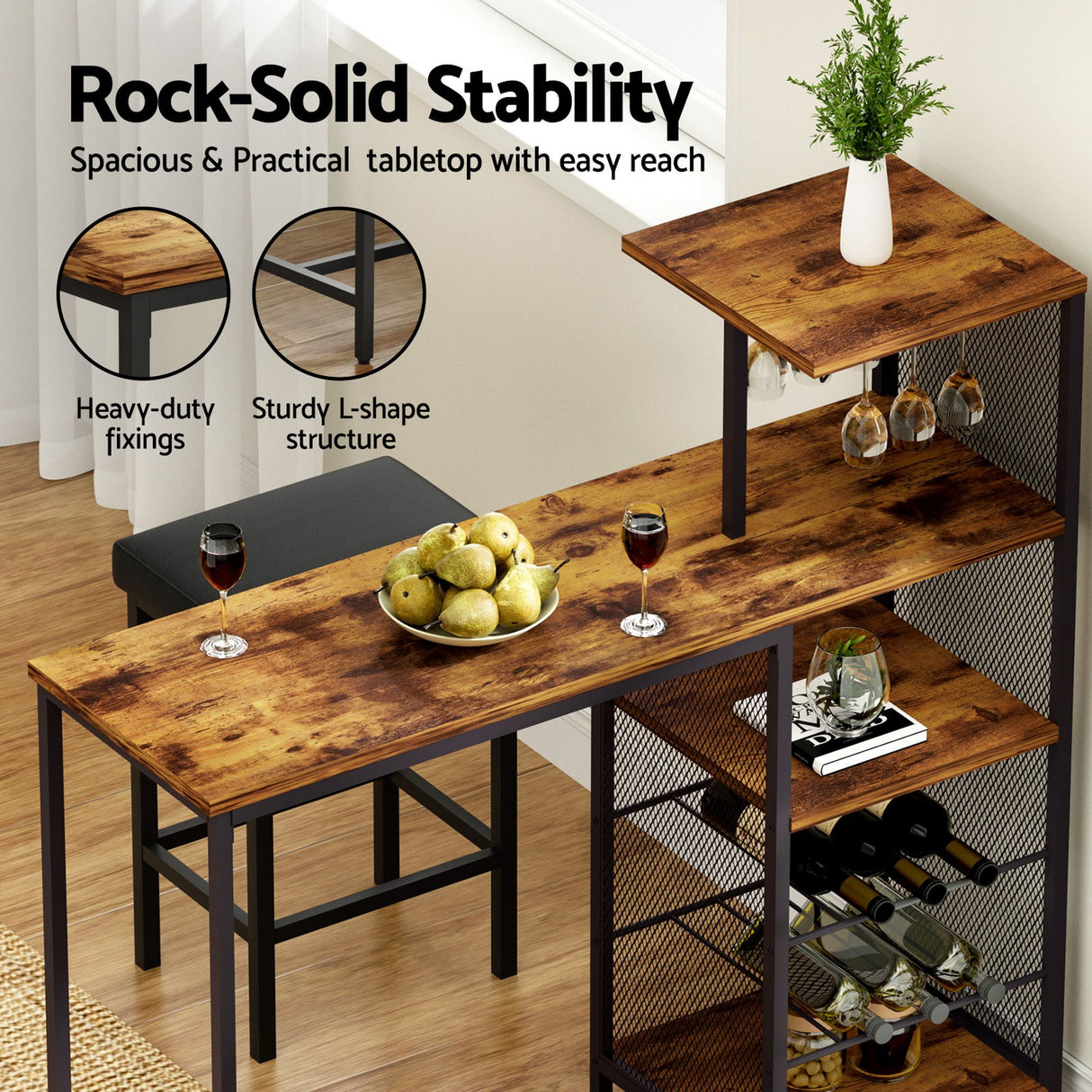 Fishermans Beach industrial bar table with wine rack and two padded stools